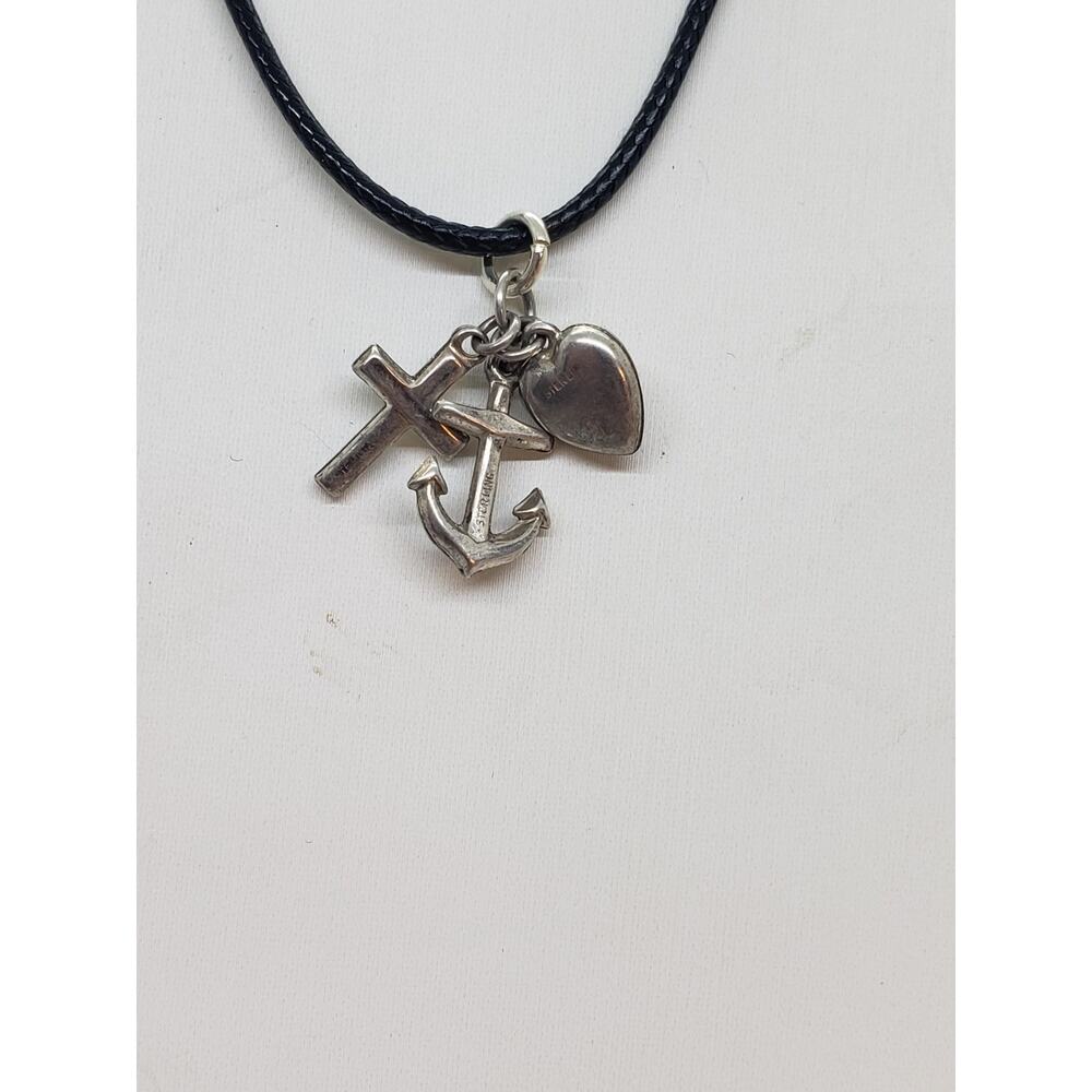 VTG Sterling Silver 925 Cross Anchor Heart Charm Necklace Faith Hope Love Navy - Picture 4 of 8